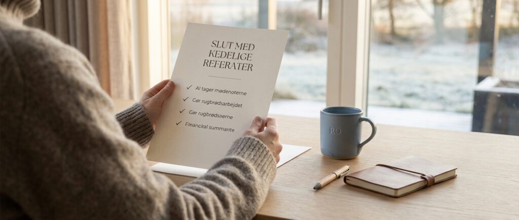 Slut med kedelige referater: En person gennemgår roligt et kortfattet referat, AI har taget mødenoterne.