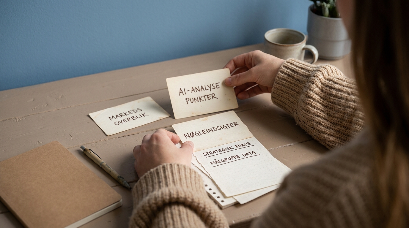 Fokuserede hænder organiserer noter, der illustrerer den vigtige briefing for en markedsanalyse med AI.