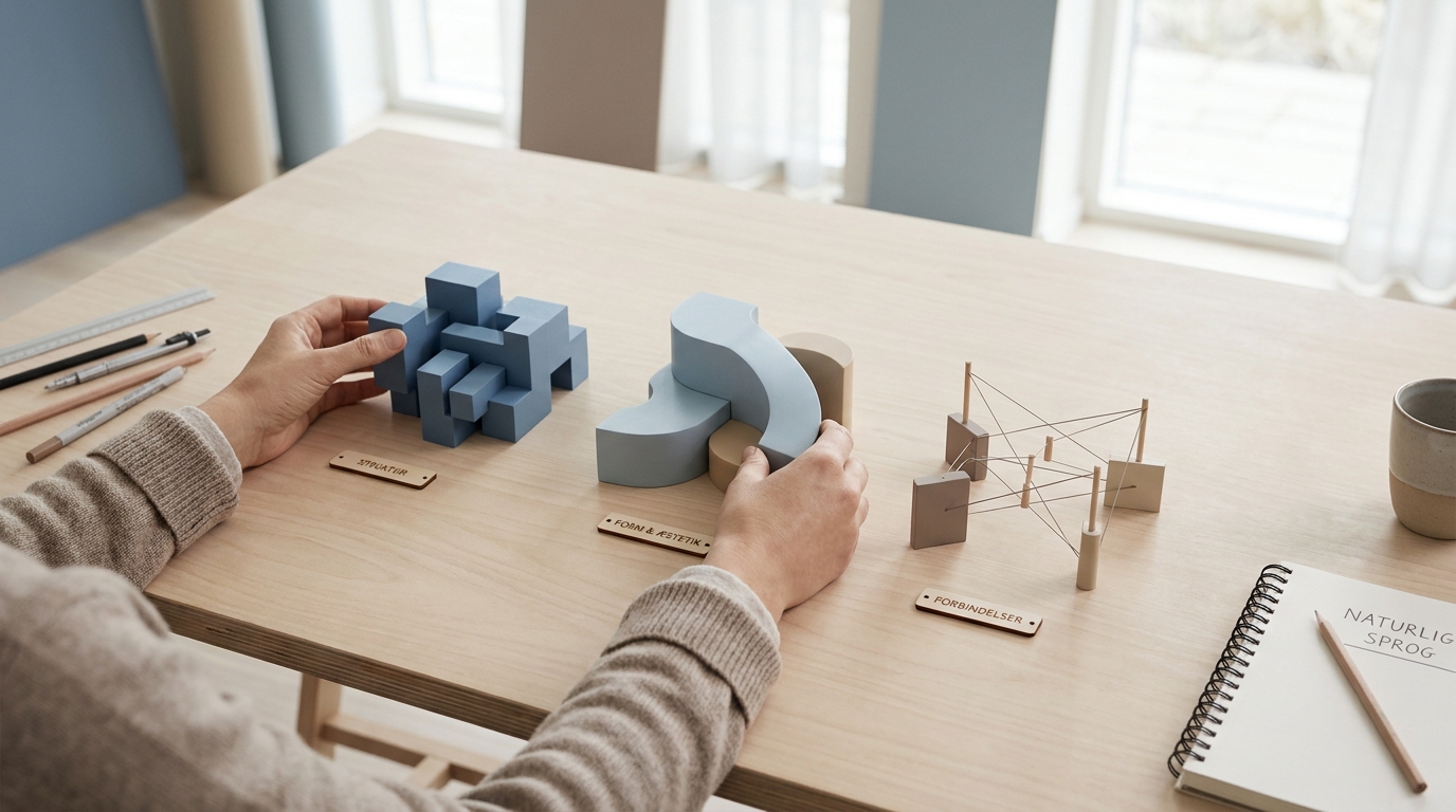 Hænder arrangerer arkitektoniske modeller, symboliserende de 3 trin til at styre AI'en for Vibe Coding.