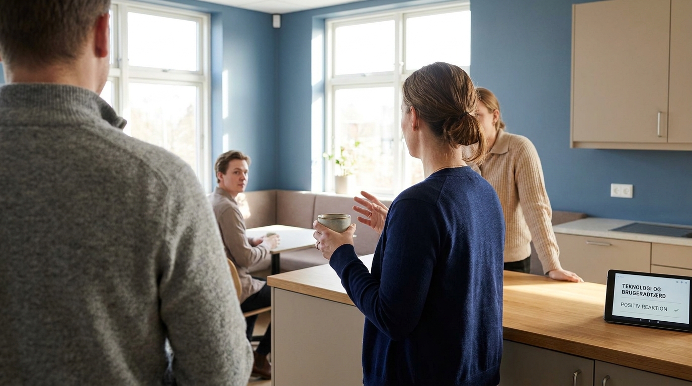 Adfærdspsykologi og AI: Forstå menneskets reaktion på ny teknologi Kolleger observerer hinanden i et afslappet kontormiljø, der viser, hvordan viden om adfærdspsykologi spreder brugen af teknologi.