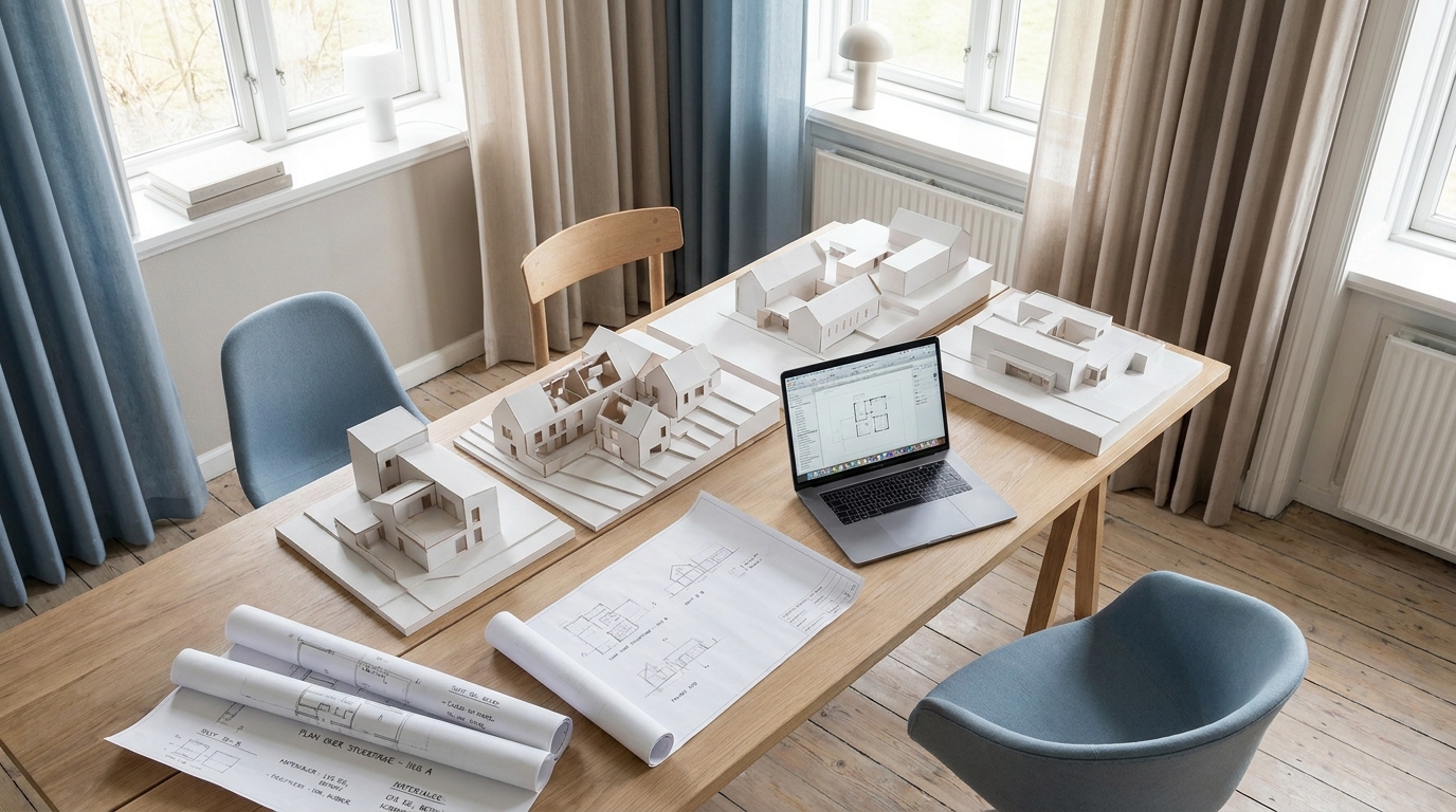 Lyst arkitektkontormiljø med modeller, tegningsruller og en laptop på et stort arbejdsbord