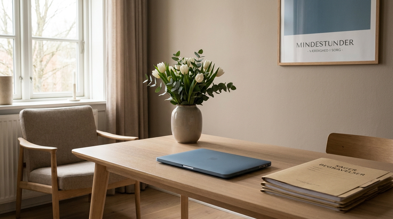 Roligt skrivebord i en begravelsesforretning med hvide blomster og blødt dagslys