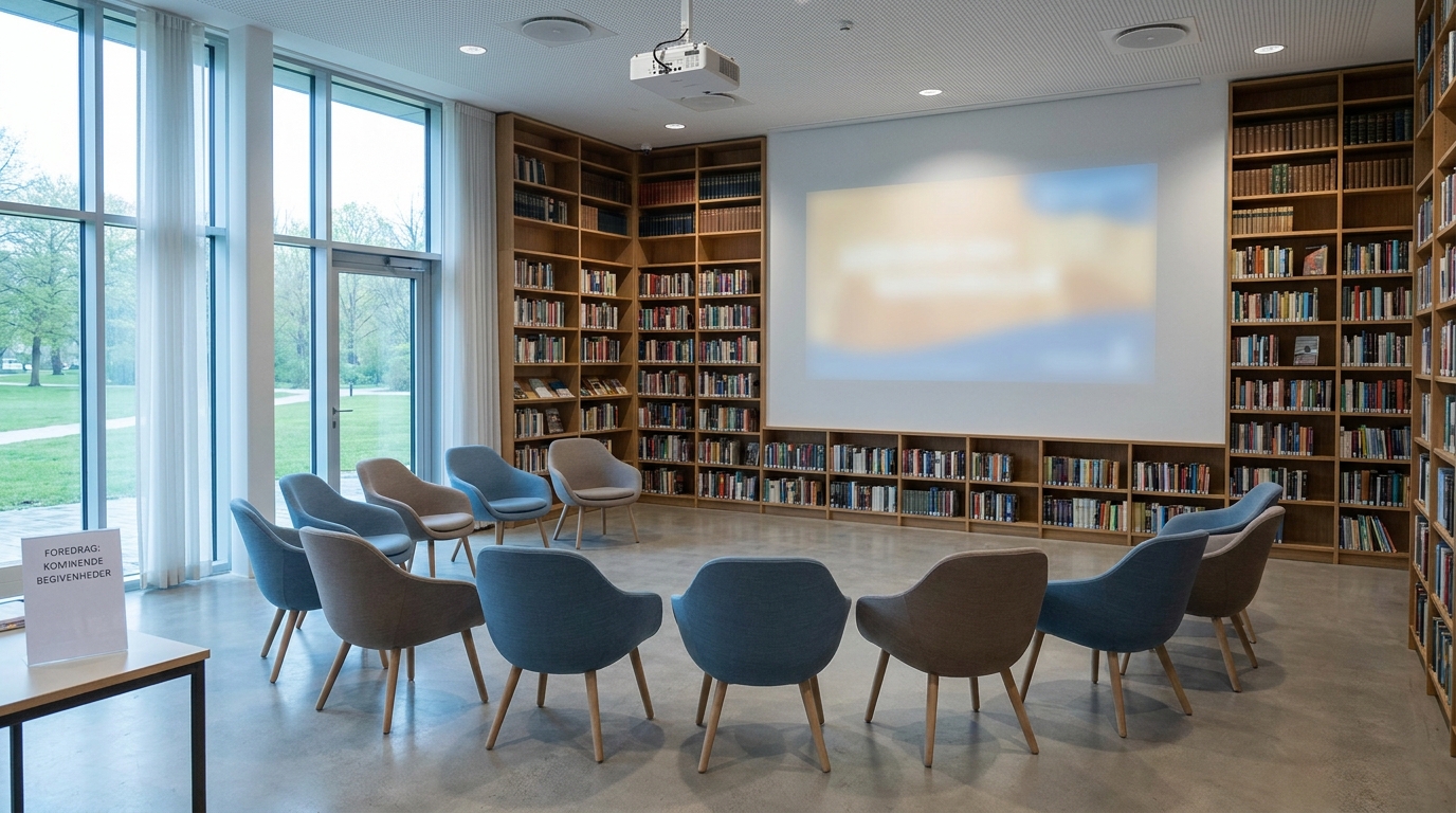 Lyst biblioteksrum med stole opstillet til foredrag og bøger på hylderne