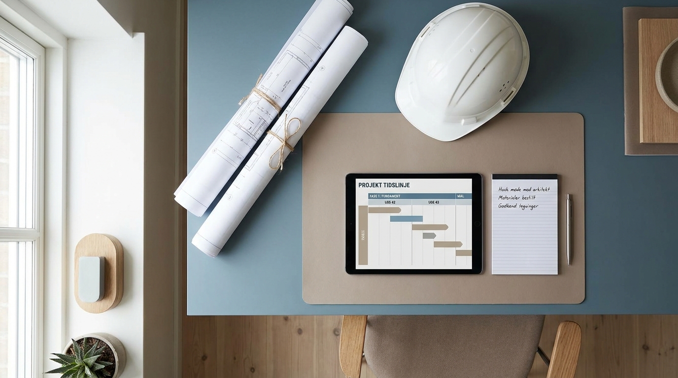 AI-foredrag for byggevirksomheder Skrivebord på byggekontor med rulletegninger, sikkerhedshjelm og tablet med tidsplan