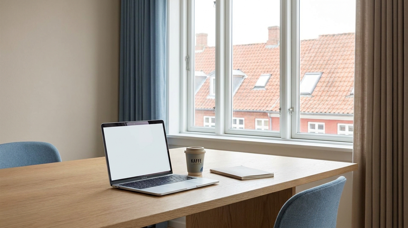 Roligt kontor med laptop, kaffe og udsigt over danske hustage