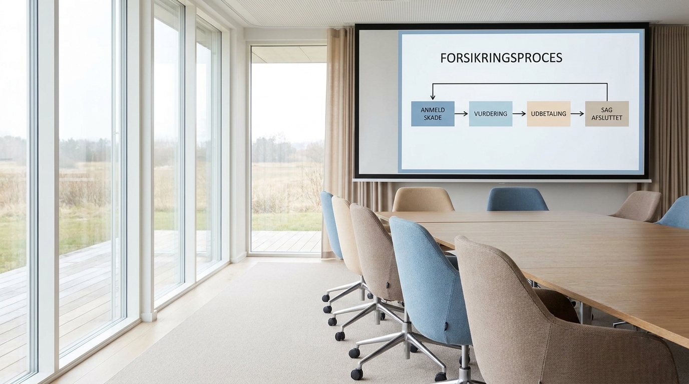 AI-foredrag for forsikringsselskaber Lyst nordisk mødelokale med lærred og konferencestole klar til foredrag