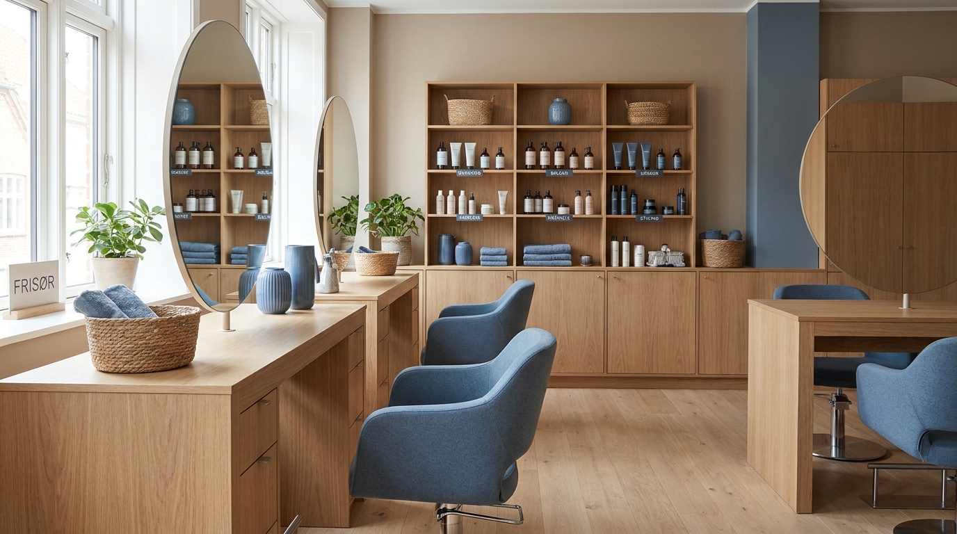 Lyst og moderne frisørsalon-interiør med spejle, produkter og dagslys