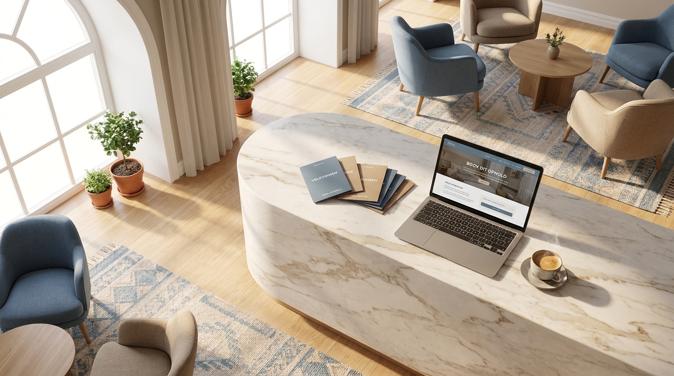 AI-foredrag for hoteller og hospitality Lys og moderne hotellobby med receptionsdesk, laptop og morgenlys