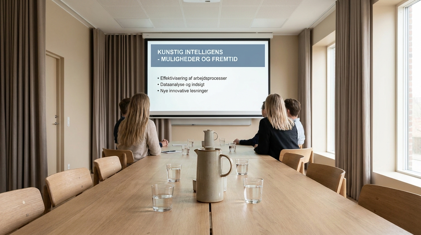 AI-foredrag for idrætsforeninger og sportsforbund Lyst mødelokale med projektor klar til AI foredrag for idrætsforening