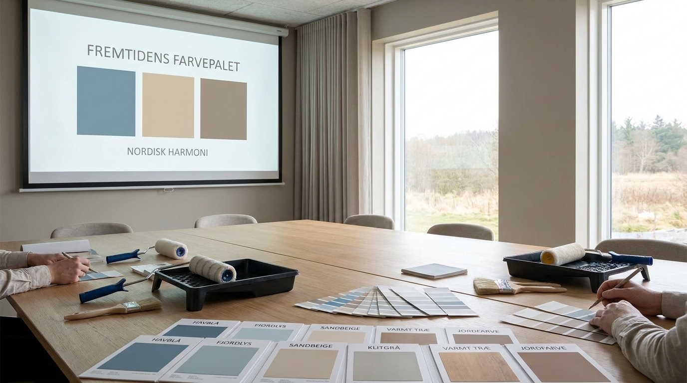 Mødelokale med projektor og farveprøver fra et malerfirma klar til foredrag