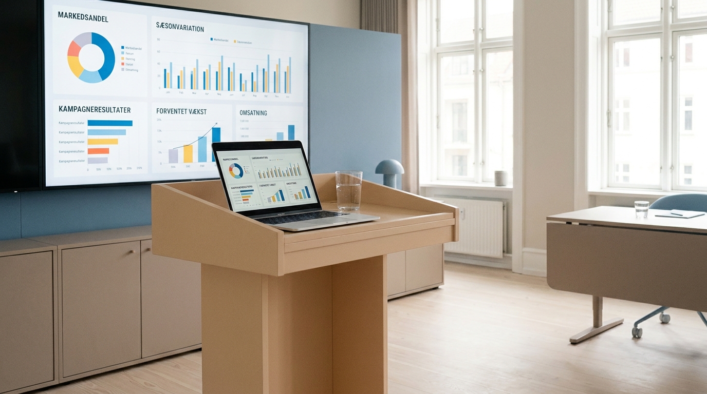 AI-foredrag for markting Lyst mødelokale med podium, laptop og præsentationsskærm klar til AI foredrag om marketing