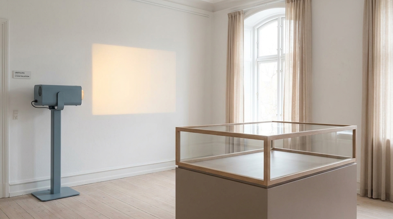AI-foredrag for museer og kulturinstitutioner Lyst museumsrum med udstillingsvitrine og projektor i varmt dagslys