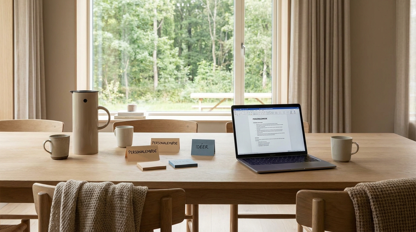 Lyst mødelokale i en daginstitution med laptop, kaffe og post-its på bordet
