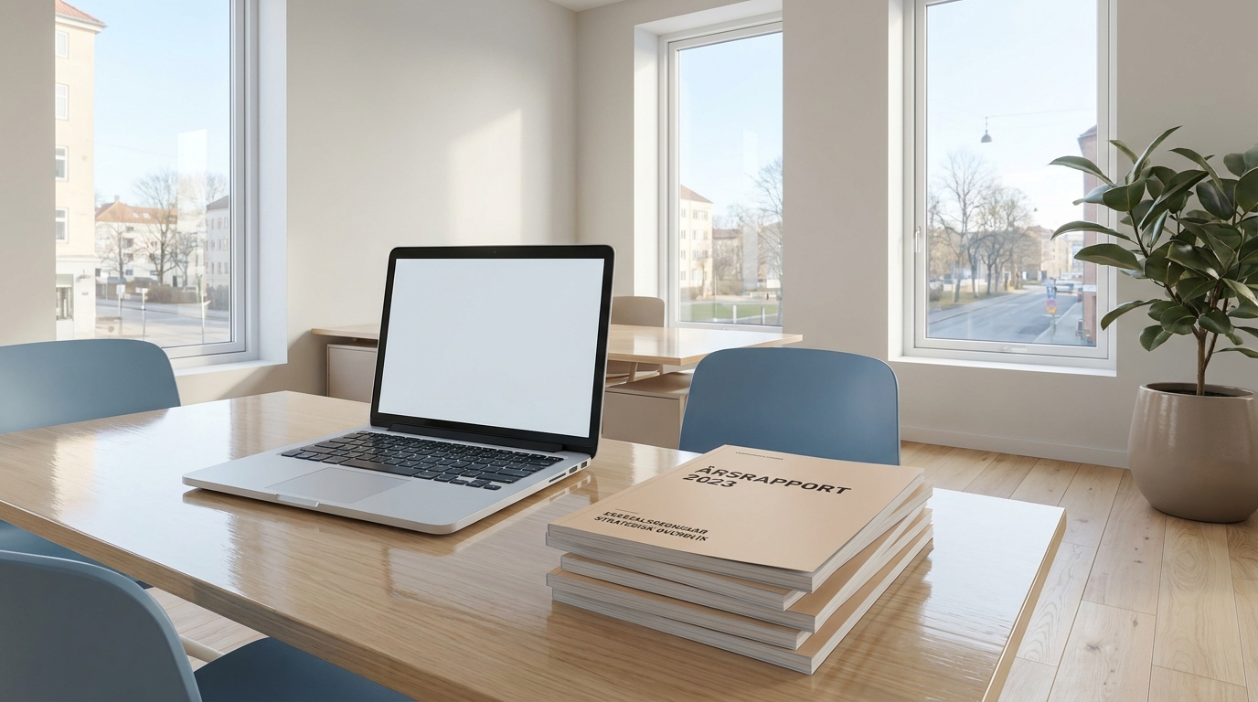 Lyst kontorlokale med laptop og årsrapporter på et ryddeligt skrivebord