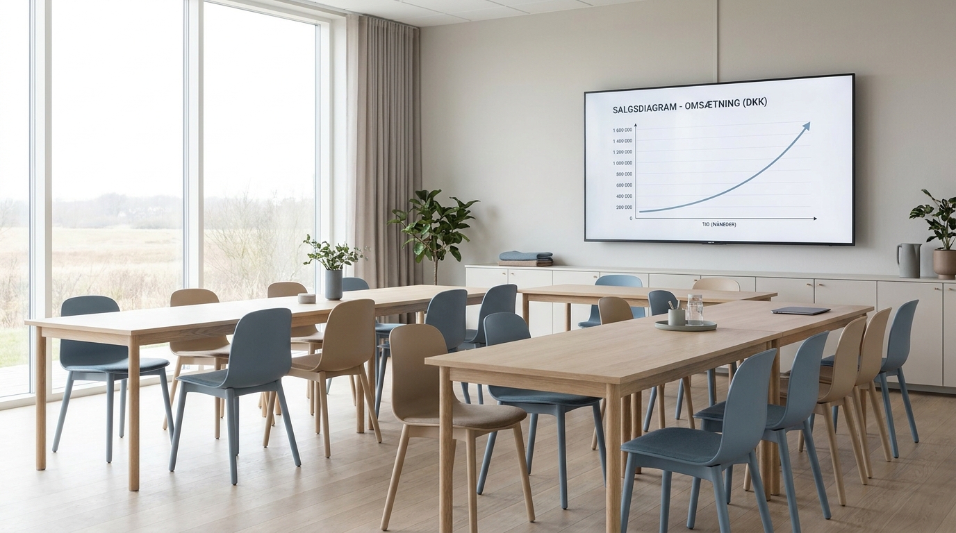 Lyst og moderne konferencelokale klar til foredrag med skærm og salgsdiagram