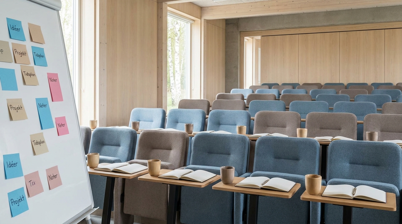 Lyst auditorium på en dansk skole med stole, notesbøger og whiteboard klar til foredrag