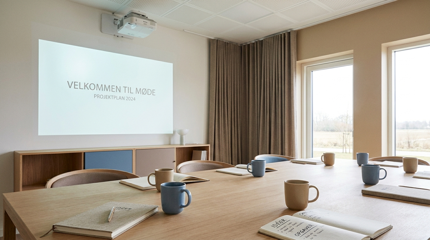AI-foredrag for SMV virksomheder Lyst mødelokale med projektor, kaffekrus og notesbøger klar til foredrag