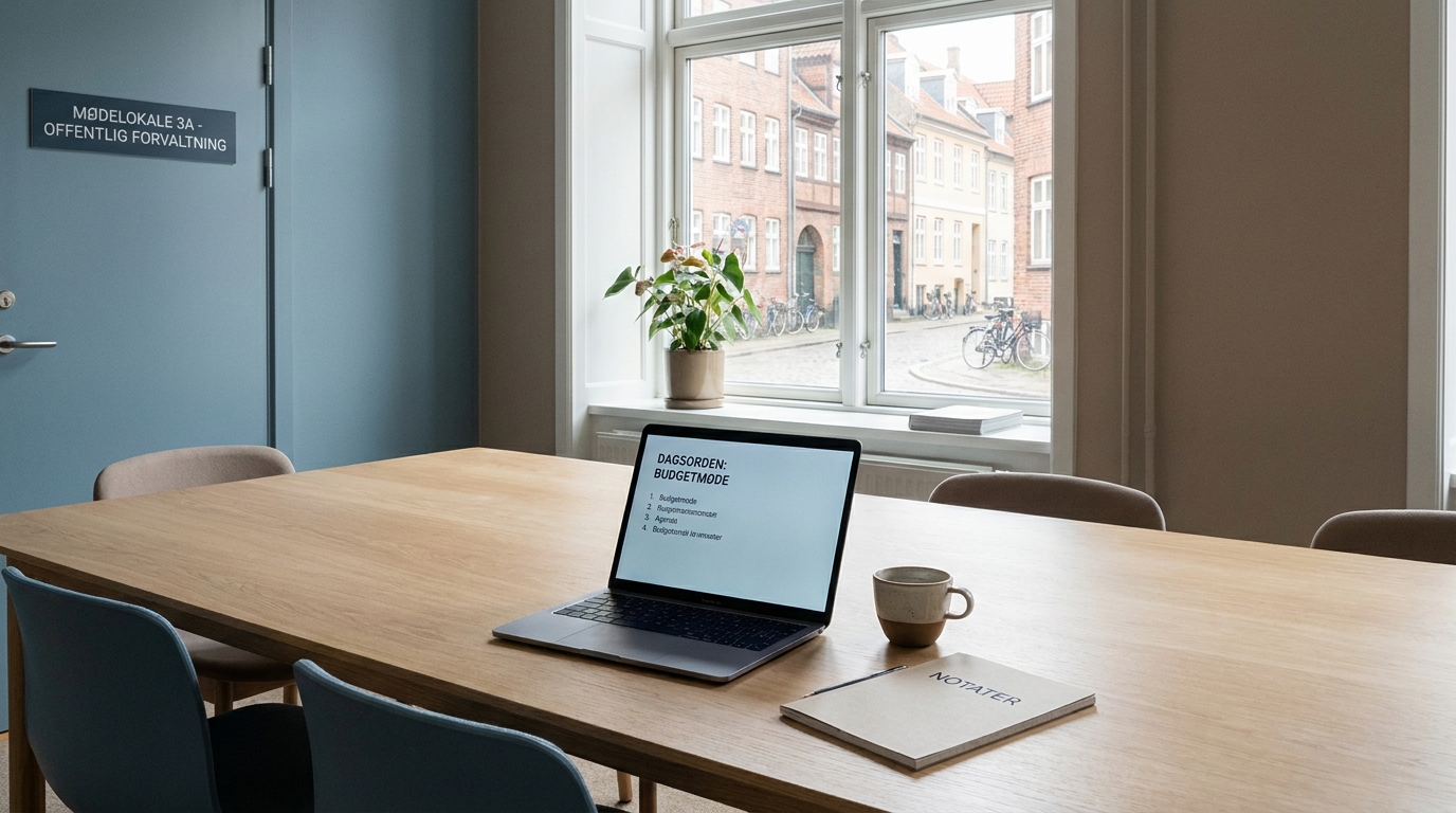 Lyst mødelokale i en offentlig forvaltning med laptop, kaffe og notesblok på bordet