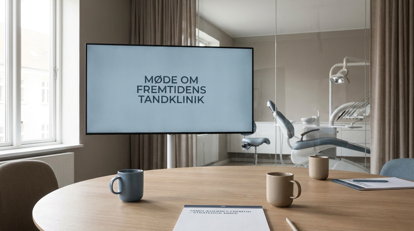 AI-foredrag for tandlæger Lyst mødelokale på en tandklinik med storskærm og kaffekopper klar til foredrag