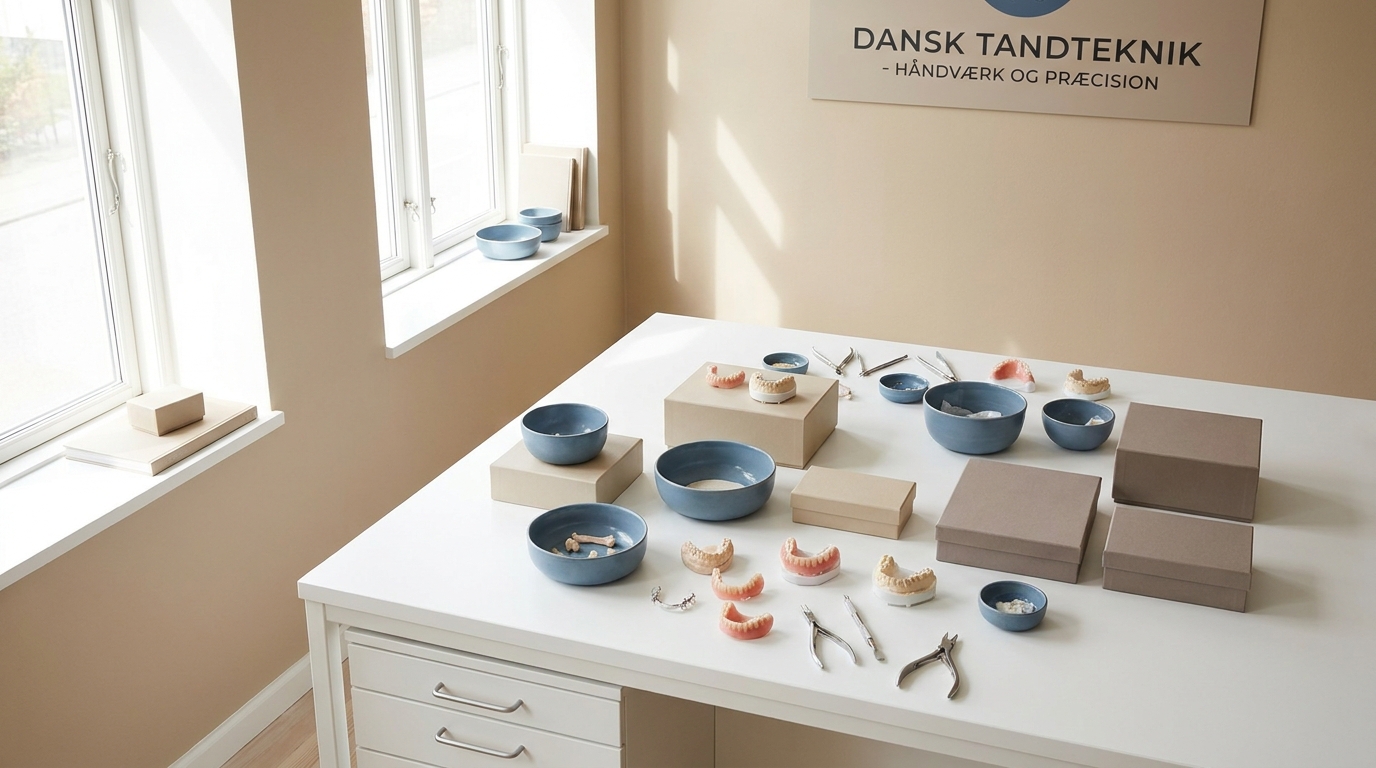 AI-foredrag for tandteknikere og dentallaboratorier Lyst dentallaboratorium med tandproteser og præcisionsværktøj på et rent arbejdsbord