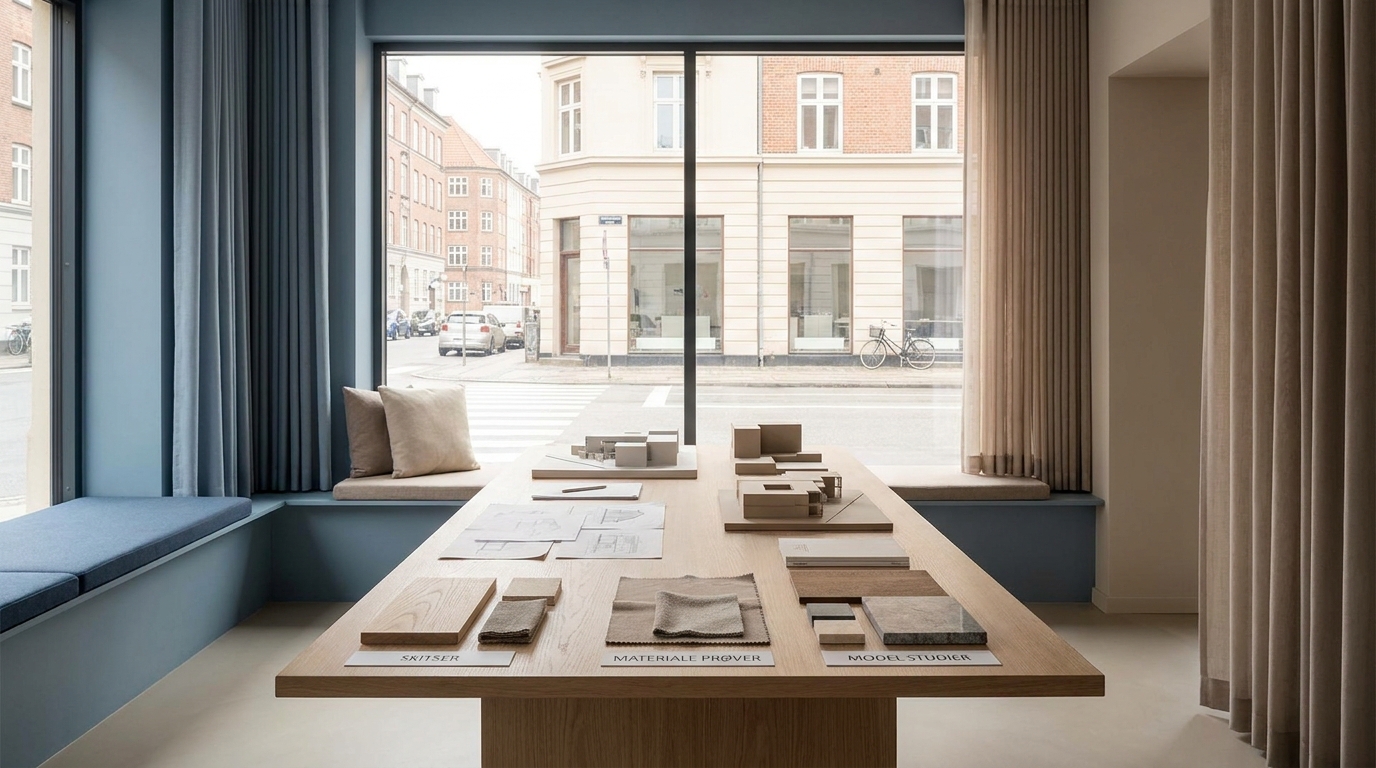 Lyst nordisk designstudie med skitser og materialeprøver på et stort egetræsbord