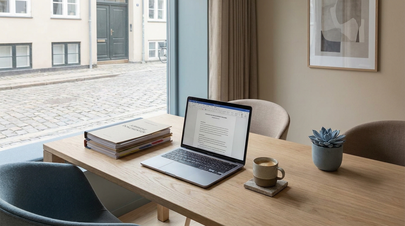 Lyst advokatkontor med laptop, juridiske dokumenter og kaffe på et egetræsskrivebord