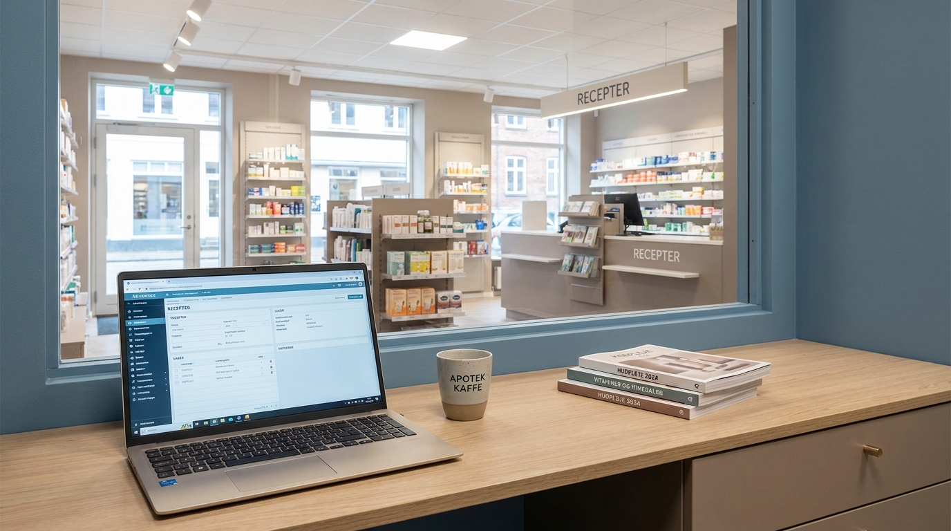 AI-rådgivning for apoteker Baglokale på et dansk apotek med bærbar computer, produktkataloger og kaffe i dagslys
