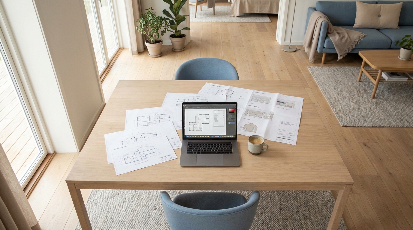 AI-rådgivning for Arkitekter Lyst arkitektkontor med tegninger og bærbar computer på et stort bord i nordisk stil