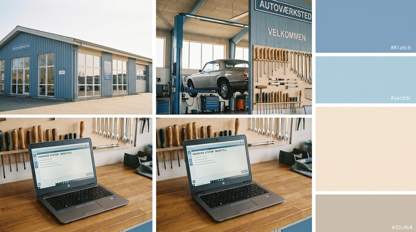 AI-rådgivning for autoværksteder og bilforhandlere Lyst og velorganiseret autoværksted med laptop på arbejdspult og værktøj i baggrunden