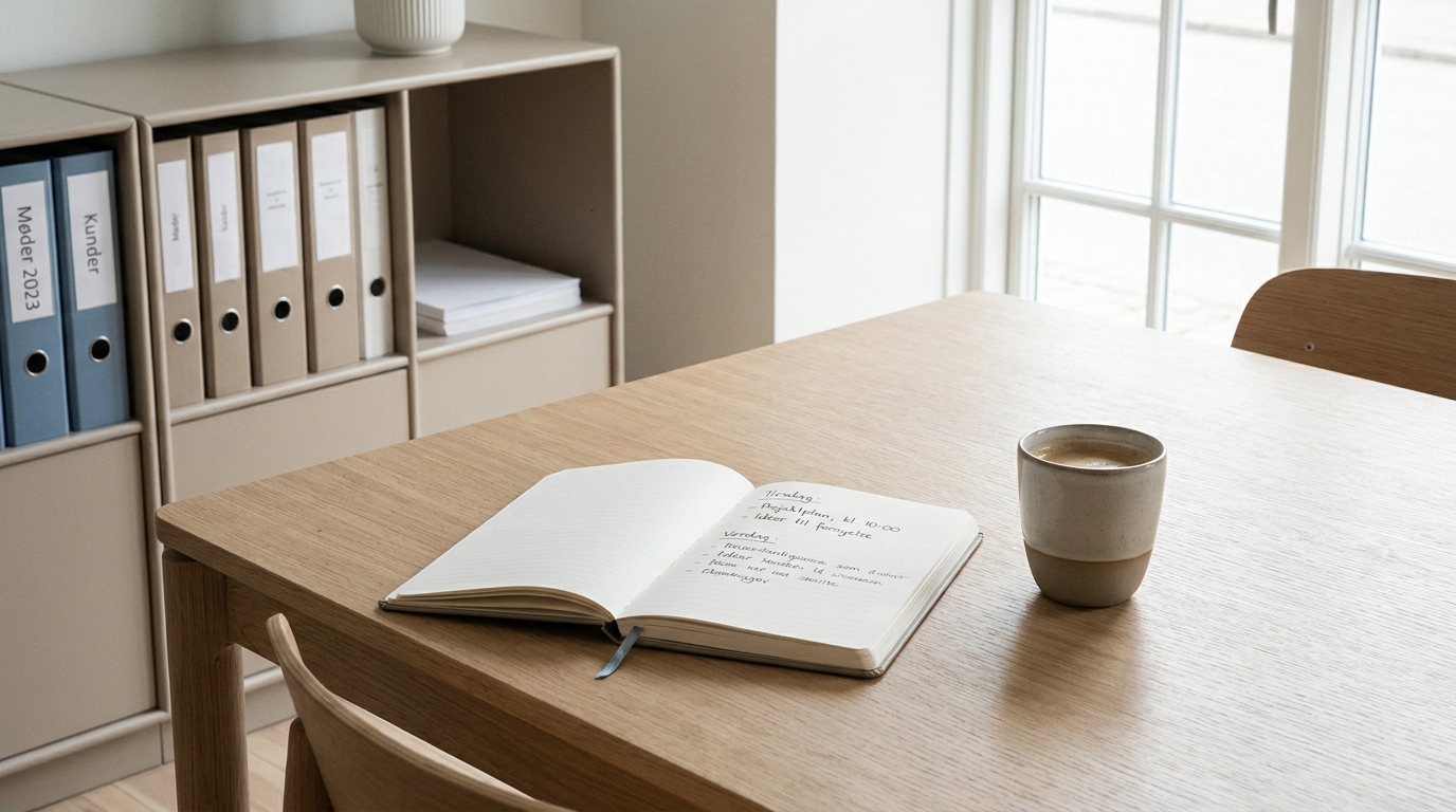 Roligt nordisk mødebord med notesbog og kaffe i blødt dagslys