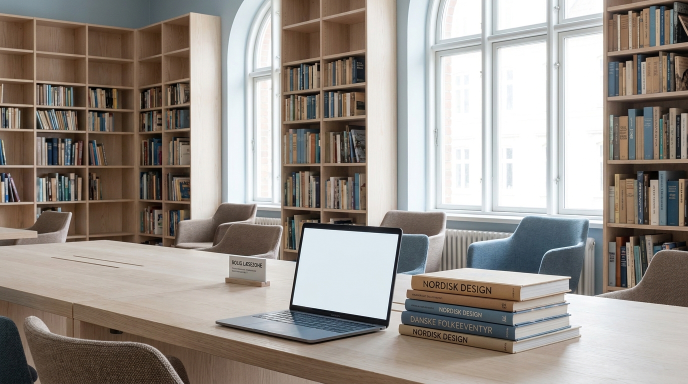 AI-rådgivning for biblioteker Lyst og moderne biblioteksinteriør med bærbar computer og bøger på et arbejdsbord
