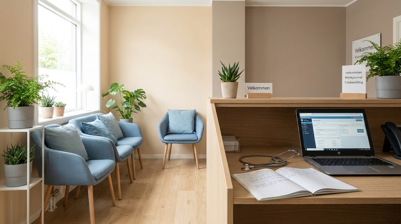 AI-rådgivning for dyrlæger Lyst venteområde på dyrlægeklinik med laptop, stetoskop og journal på et skrivebord i dagslys