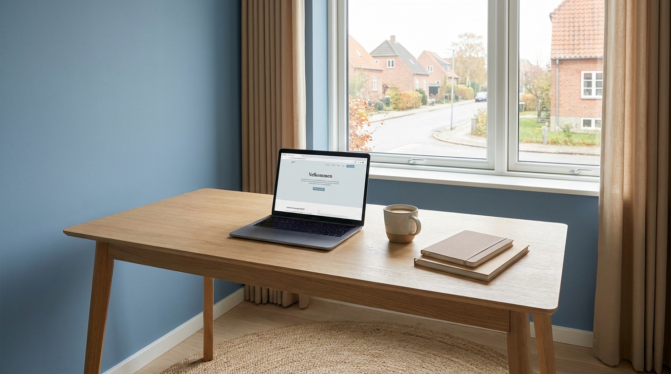 AI-rådgivning for Ejendomsmæglere Ryddeligt kontorbord med laptop og kaffe foran vindue med udsigt til dansk villavej