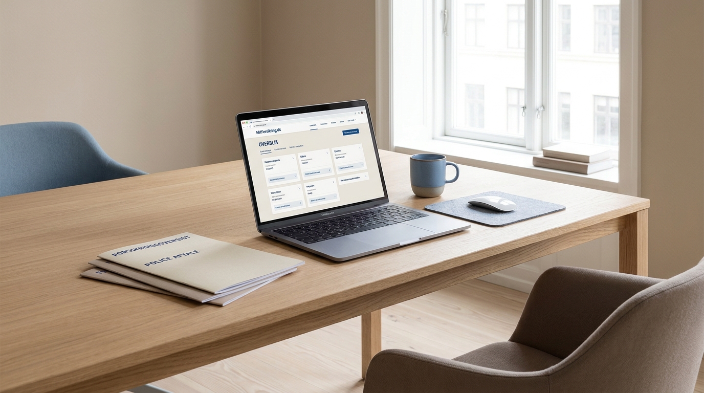 Ryddeligt kontorbord med laptop og forsikringsdokumenter i nordisk dagslys