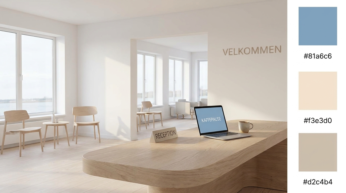 AI-rådgivning for hoteller og hospitality Lys og moderne hotellobby med laptop og kaffekop på receptionen