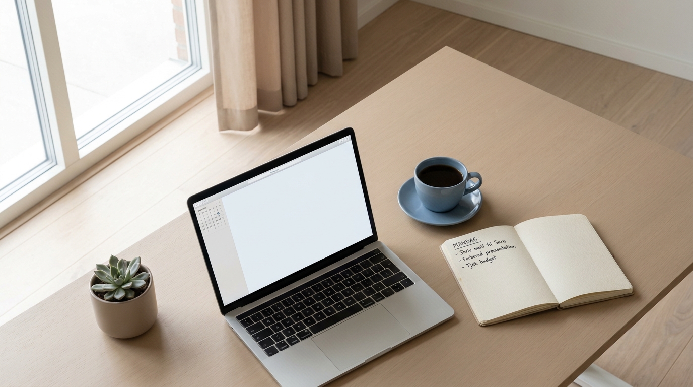 AI-rådgivning for HR-afdelinger Rent nordisk skrivebord med laptop, kaffe og notesblok klar til arbejde