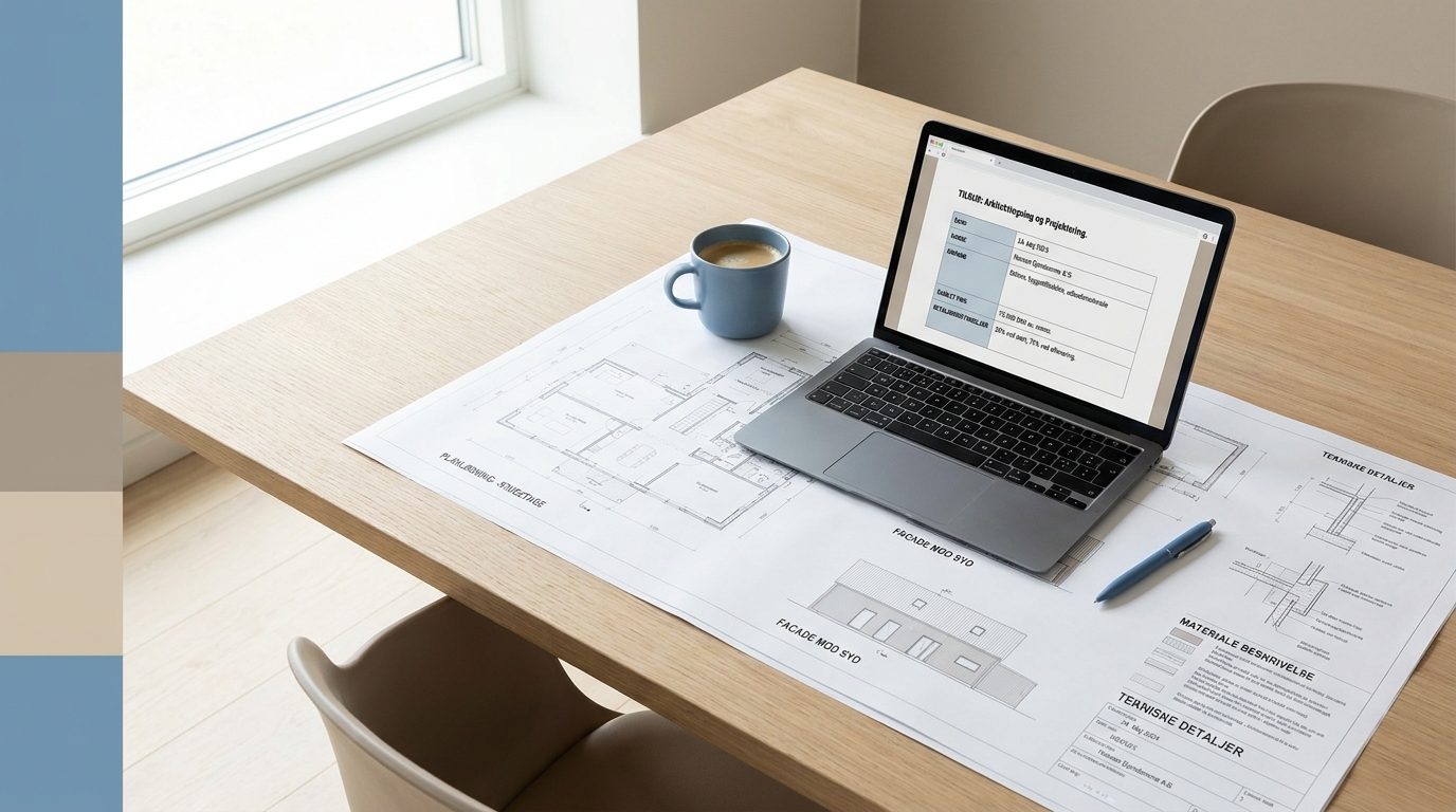 Lyst kontorbord med tekniske tegninger, laptop og kaffe set oppefra
