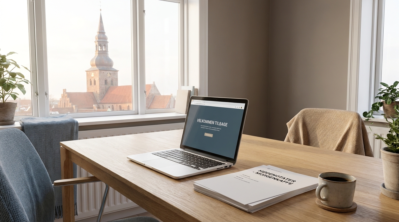 AI-rådgivning for kirkelige institutioner og stifter Lyst kontorbord med bærbar computer og udsigt til dansk kirketårn i morgenlys