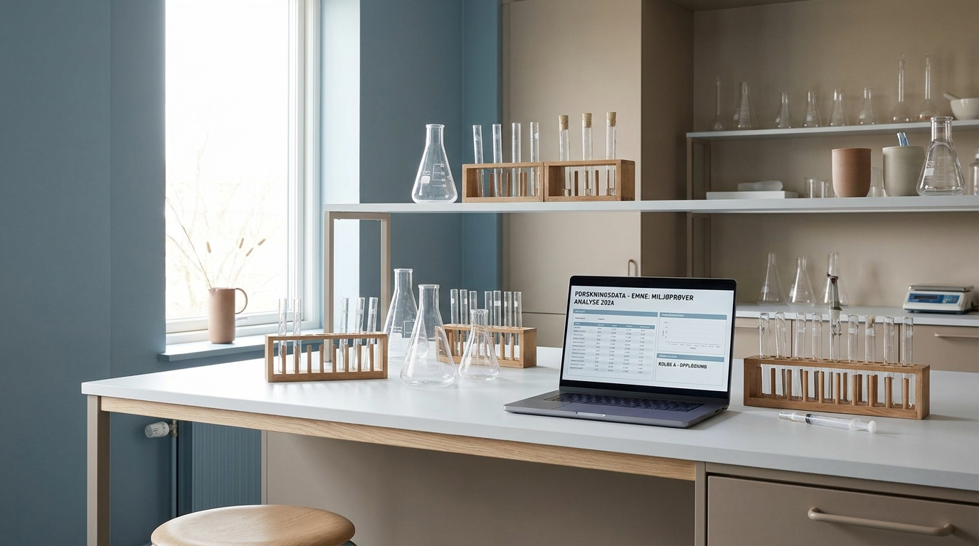 AI-rådgivning for laboratorier og analysevirksomheder Lyst laboratorium med glasudstyr og en bærbar computer på en hvid arbejdsbænk