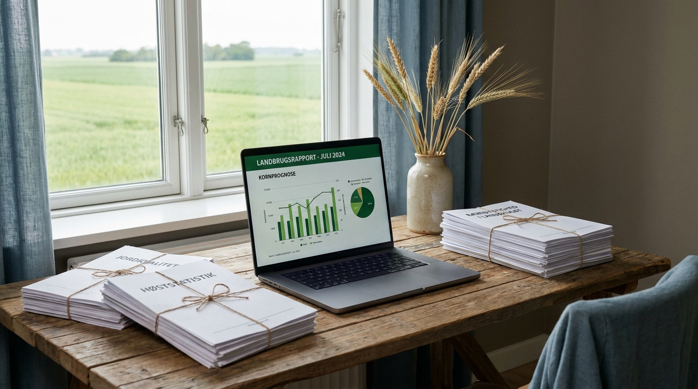 AI-rådgivning for landbrugsrådgivere Skrivebord med laptop og landbrugsrapporter, udsigt til grønne marker i baggrunden