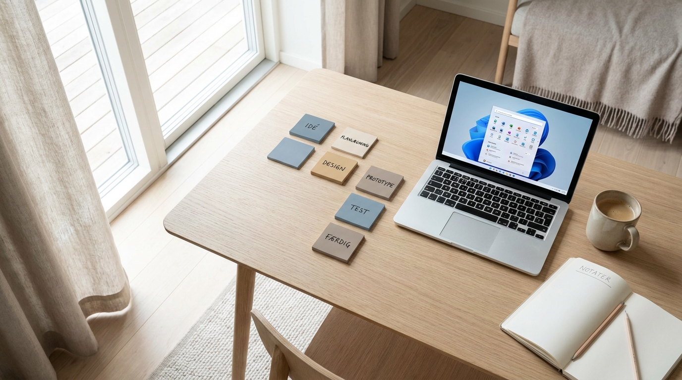 AI-rådgivning for markting Lyst skrivebord med laptop, notesbog og post-its i et workflow-diagram, set oppefra