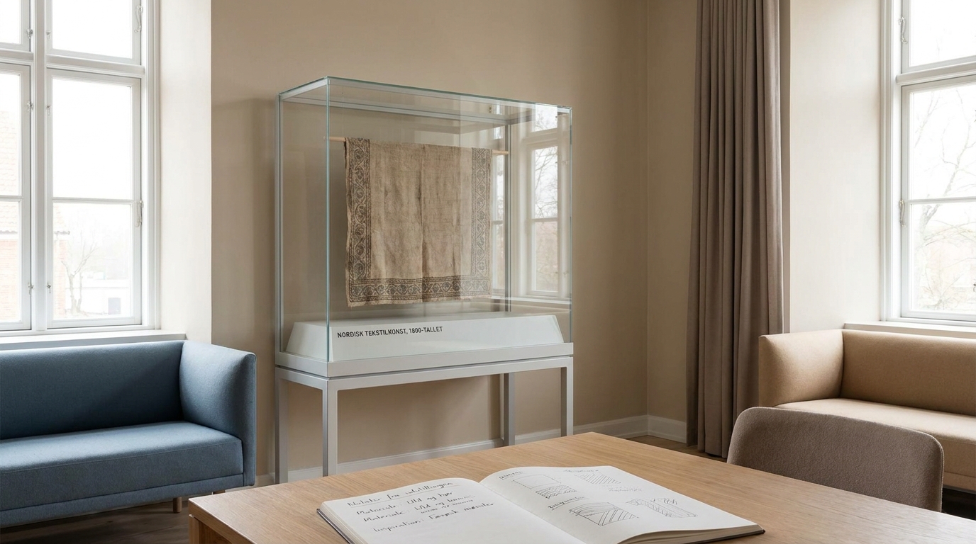 AI-rådgivning for museer og kulturinstitutioner Lyst og roligt museumsinteriør med udstillingsmontre og notesbog på et bord