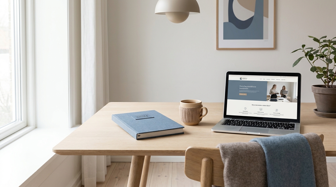 Lyst, roligt kontor med notesbog, laptop og tekop på et træskrivebord