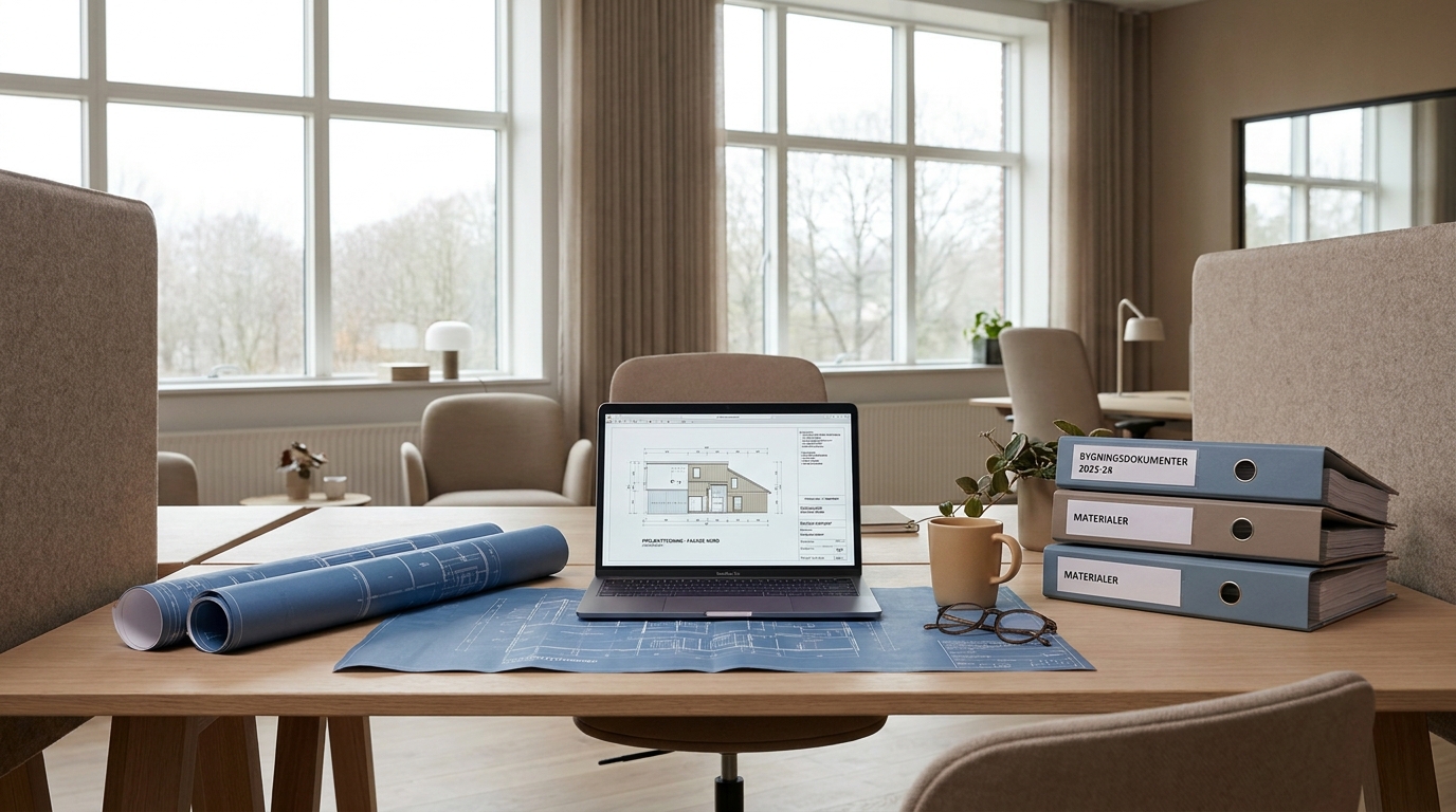 Lyst kontorbord med tekniske tegninger, laptop og ringbind i et moderne ingeniørkontor