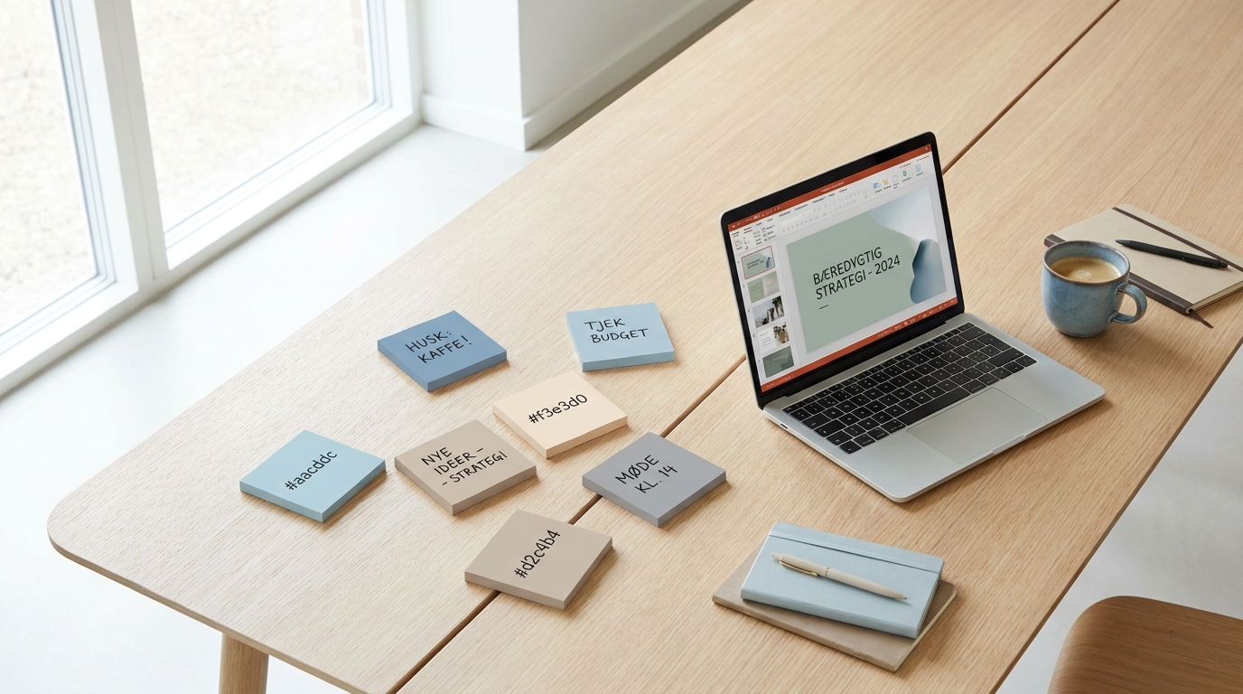 AI-rådgivning for reklame- og mediebureauer Lyst mødebord med post-its, laptop og kaffe set oppefra