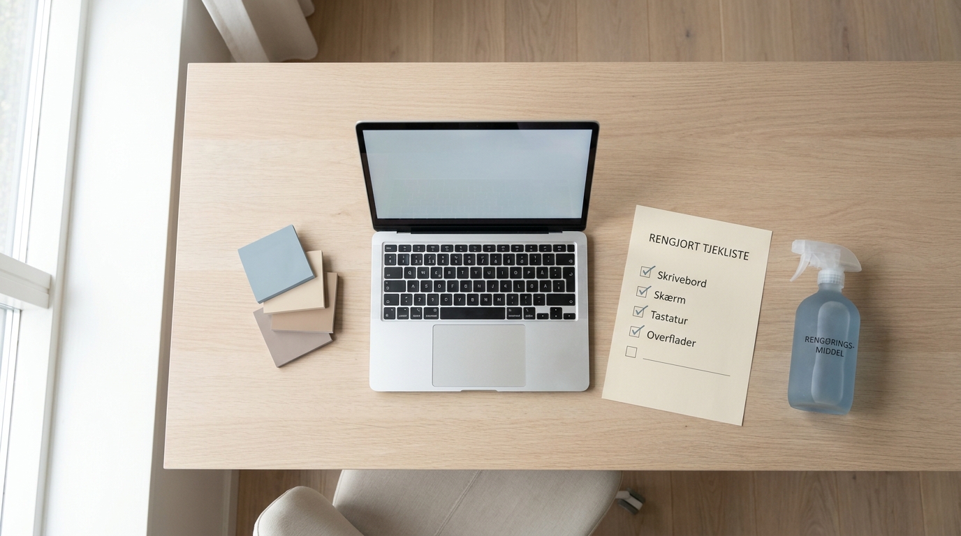 Kontorskrivebord med laptop, tjekliste og rengøringsudstyr i nordisk minimalistisk stil