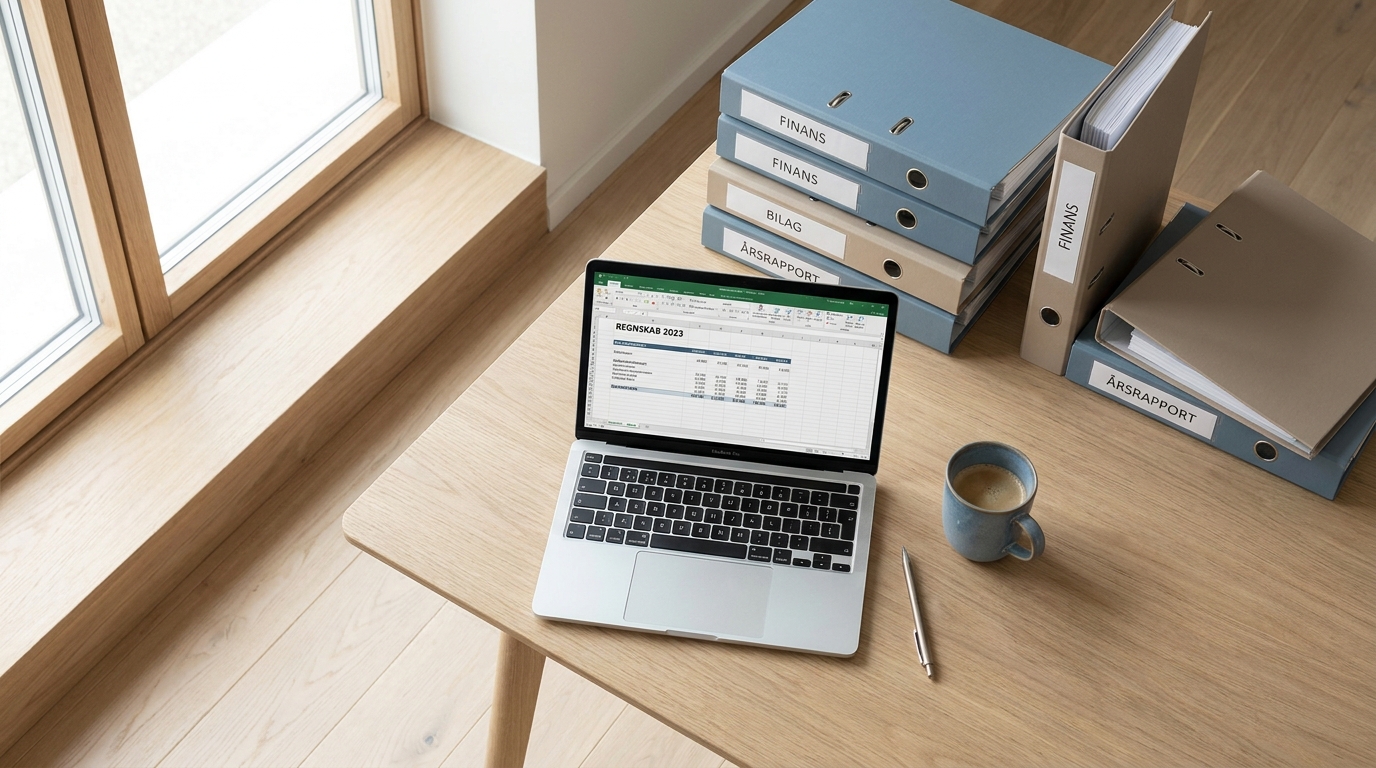 AI-rådgivning for revisorer Lyst revisorkontorbord med bærbar computer, regnskabsmapper og kaffekop i nordisk stil