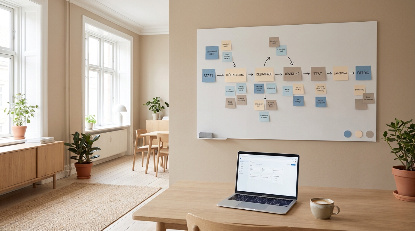 Whiteboard med workflow-diagram af post-its på et lyst nordisk kontor