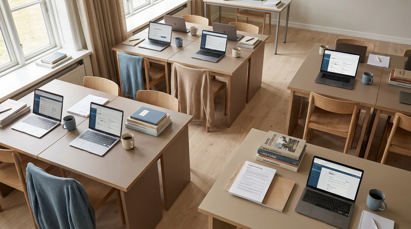 AI-rådgivning for skoler og uddannelsesinstitutioner Lyst nordisk klasselokale med åbne laptops og undervisningsmateriale på træborde