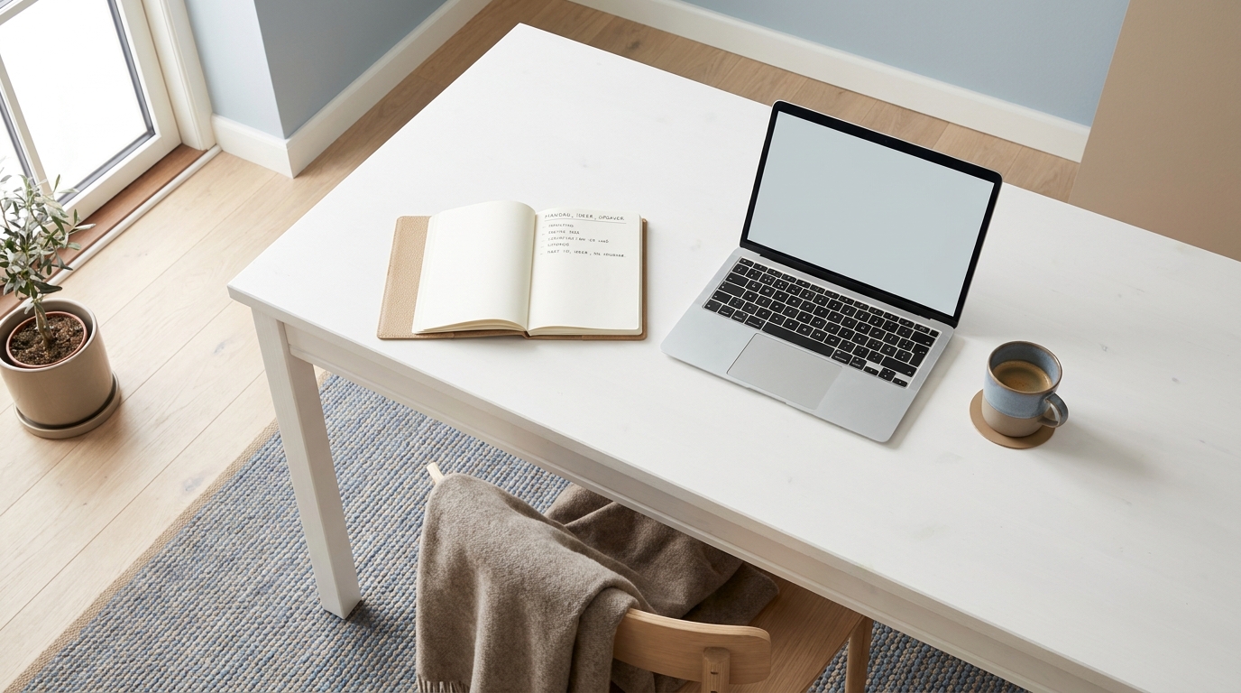 Lyst nordisk kontorbord med notesbog, bærbar computer og kaffekop i dagslys